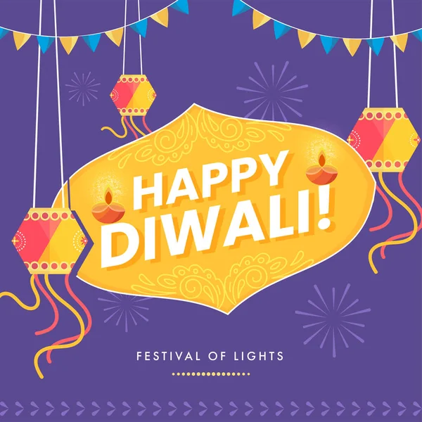Texto Feliz Diwali Com Lâmpadas Óleo Lit Lanternas Penduradas Kandil — Vetor de Stock