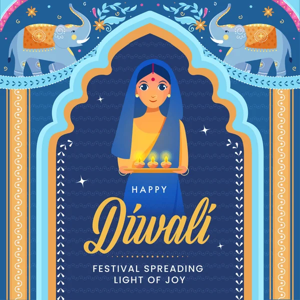 Felice Diwali Celebrazione Poster Design Kitsch Art India Con Donna — Vettoriale Stock