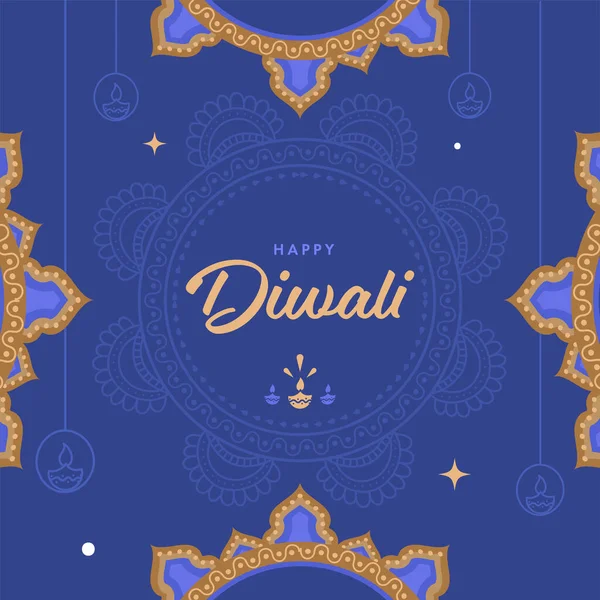 Glückliche Diwali Schrift Mit Mandala Muster Auf Blauem Hintergrund — Stockvektor