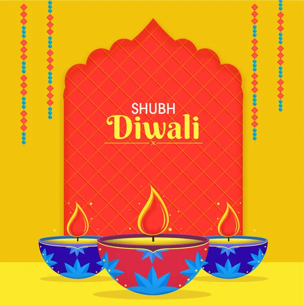 Shubh Happy Diwali Σχεδιασμός Αφίσας Lit Oil Lamps Diya Κίτρινο — Διανυσματικό Αρχείο