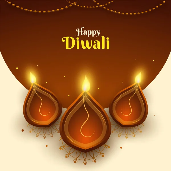 Happy Diwali Celebration Poster Design Top View Lit Oil Lamps — Stock Vector