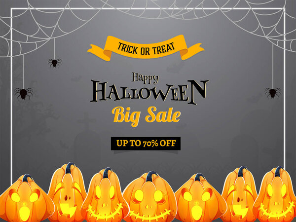 Happy Halloween Big Sale Paster Design with 70% discount offer, Spider Web and Illuminated Jack-O-Lanterns on Grey Fone.