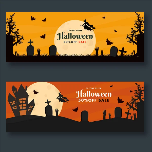 Halloween Sale Header Banner Design Discount Offer Two Color Option — Stock Vector