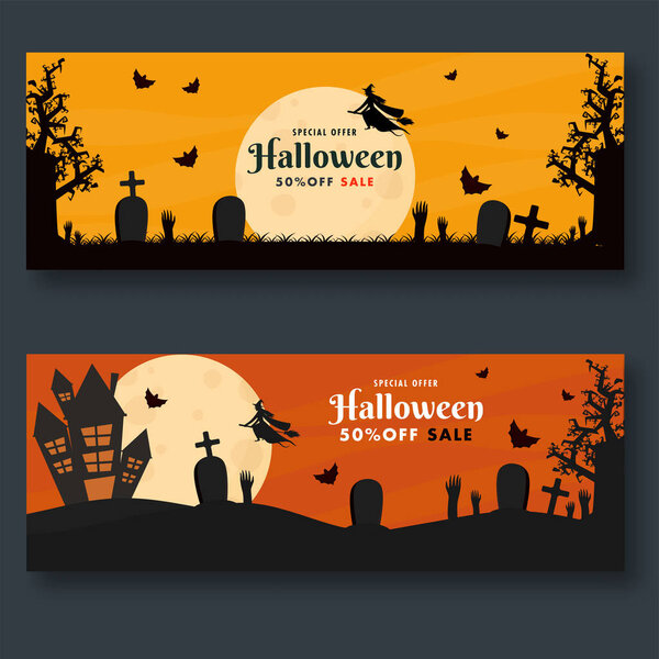 Halloween Sale Header или дизайн баннера со скидкой 50% в двух цветах.