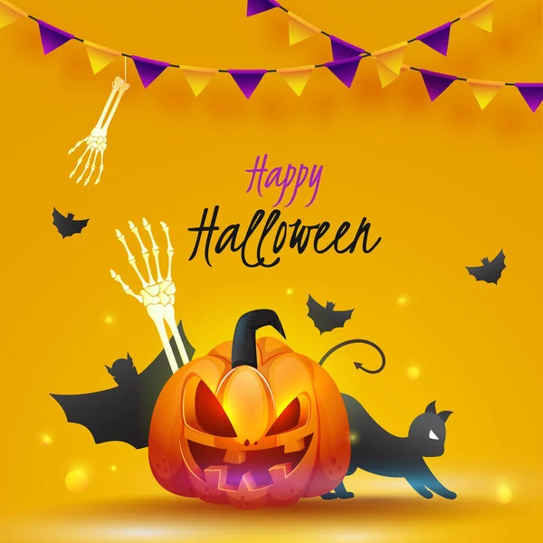 Jack Lantern Scary Cat Skelton Hands Flying Bats Bunting Flags — ストックベクタ