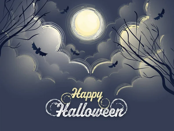Creative Happy Halloween Font Com Árvores Nuas Morcegos Voadores Nuvens —  Vetores de Stock