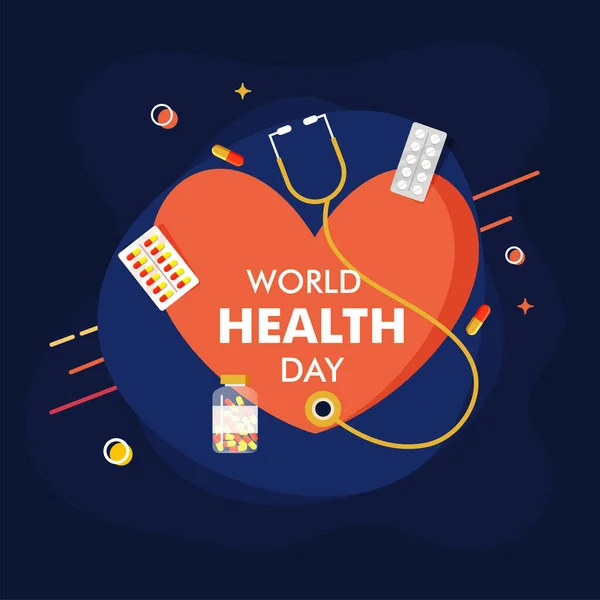 世界卫生日的概念与心脏检查的立体镜和蓝色背景下的药物 — 图库矢量图片