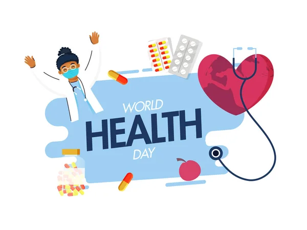 Text Zum Weltgesundheitstag Mit Ärztin Die Hände Hebt Herzkugel Und — Stockvektor