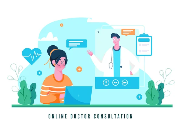 Ilustración Paciente Femenina Consultando Médico Través Videollamada Para Evitar Epidemia — Vector de stock