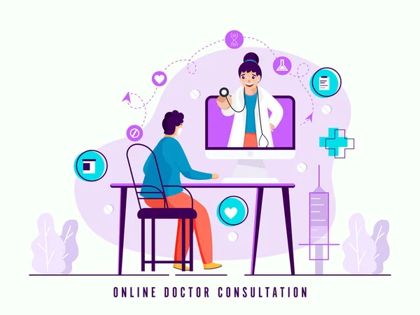 Illustration Patient Having Online Check Female Doctor Desktop Coronavirus Pandemic — 스톡 벡터