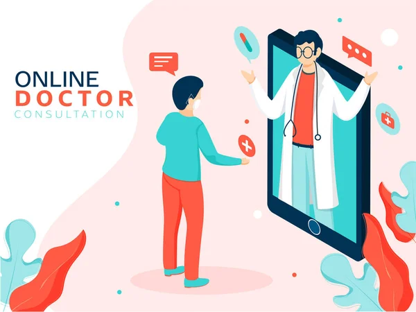Illustration Patient Qui Consulte Médecin Moyen Appel Vidéo Partir Téléphone — Image vectorielle