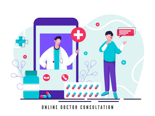 Cartoon Patient Interacting Video Call Doctor Man Smartphone Feat Coronavirus — 스톡 벡터