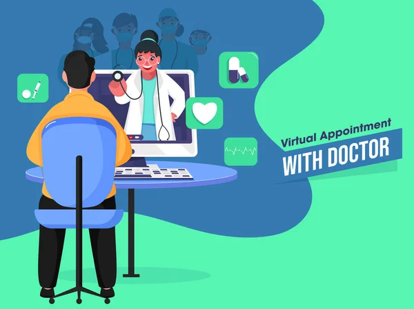 青と緑の女性医師とのビデオ通話を行う患者のバックビューバーチャル予約コンセプトの背景 — ストックベクタ