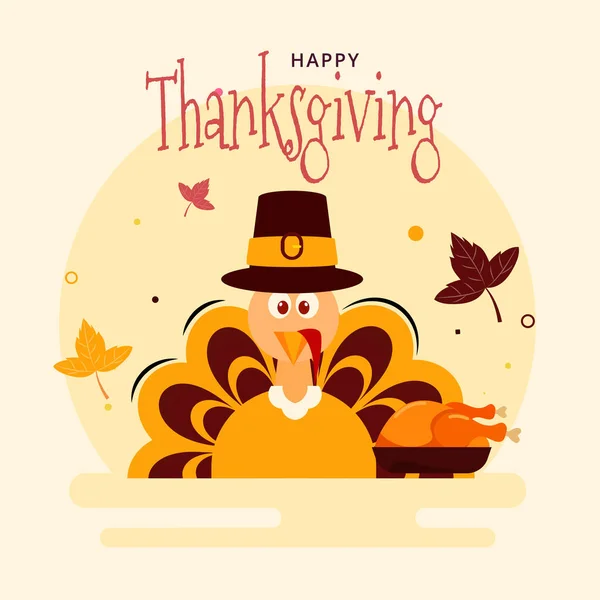 Happy Thanksgiving Font Cartoon Turkey Bird Wearing Pilgrim Hat Roasted — Vetor de Stock