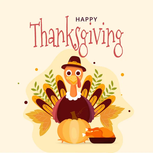Happy Thanksgiving Plakat Projekt Kreskówki Turcja Bird Character Dynia Pieczeń — Wektor stockowy
