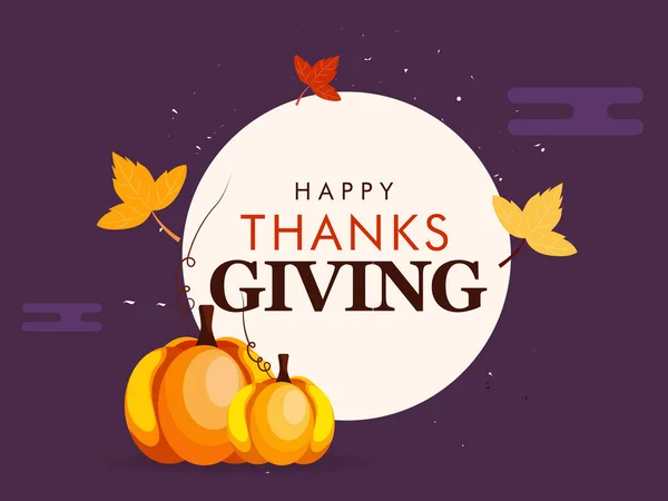 Happy Thanksgiving Text with Maple Leaves and Glossy Pumpkins on White and Purple Background.