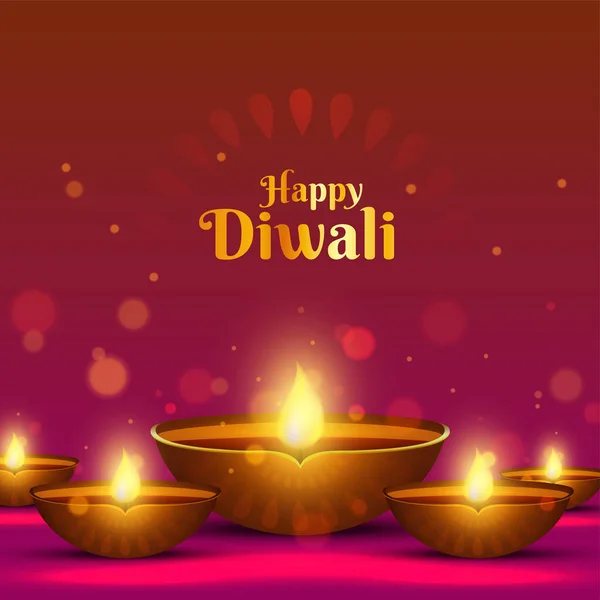 Golden Happy Diwali Tekst Met Realistische Olielampen Diya Bokeh Effect — Stockvector