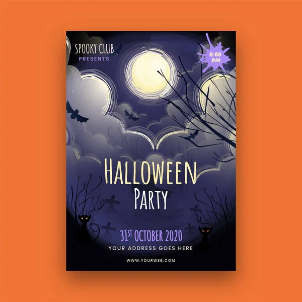 Halloween Party Flyer Lub Szablon Zaproszenie Projektowanie Pełnym Księżycem Widok — Wektor stockowy