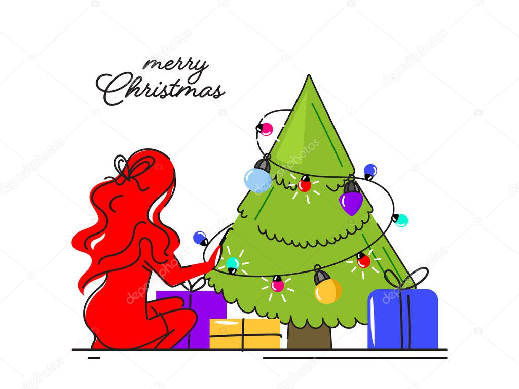 Doodle Style Illustration of Decorative Xmas Tree with Gift Boxes and Back View of Female Sitting on White Background for Merry Christmas Celebration.