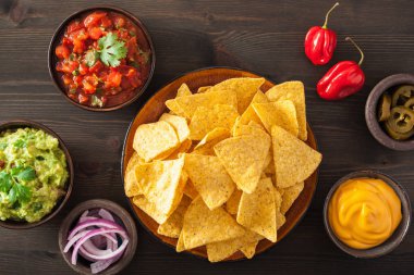 Meksika Nacho tortilla cips Guakamole, salsa ve peynir sos ile
