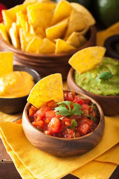 Mexican Nachos Tortilla Chips Guacamole Salsa Cheese Dip — Stock Photo, Image