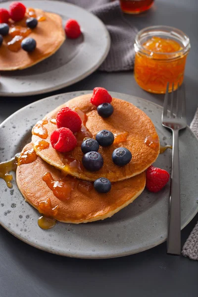 Pancakes Blueberry Raspberry Honey Jam Breakfast — Stock Photo, Image