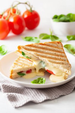 Beyaz arka plan üzerinde ızgara peynir ve domates sandviç