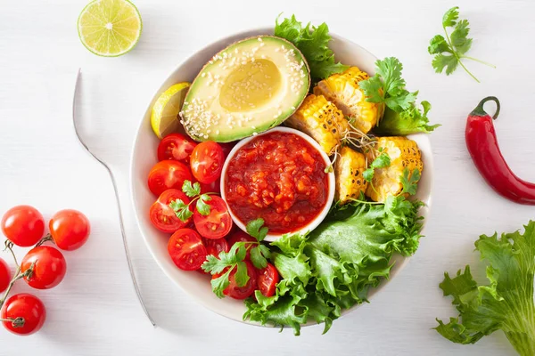 Tigela Buda Vegan Tigela Almoço Saudável Com Abacate Tomate Milho — Fotografia de Stock