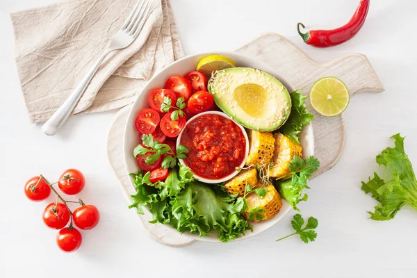 Tigela Buda Vegan Tigela Almoço Saudável Com Abacate Tomate Milho — Fotografia de Stock