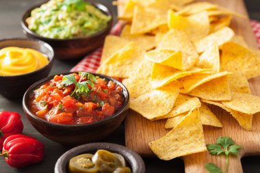 Meksika Nacho tortilla cips Guakamole, salsa ve peynir sos ile