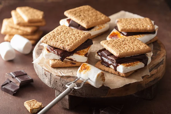 Hausgemachte Marshmallow Mores Mit Schokolade Auf Crackern — Stockfoto