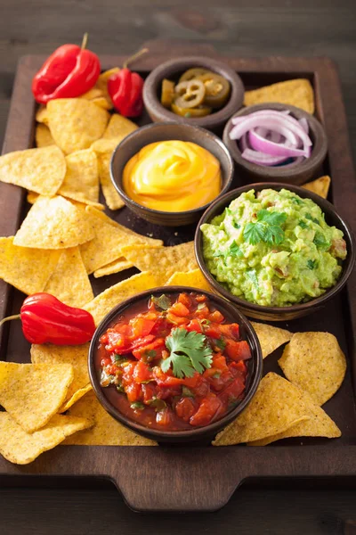 Mexican Nachos Tortilla Chips Guacamole Salsa Cheese Dip — Stock Photo, Image