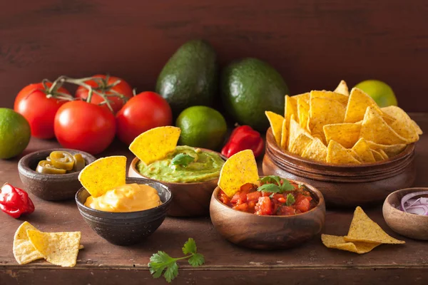 Mexican Nachos Tortilla Chips Guacamole Salsa Cheese Dip — Stock Photo, Image