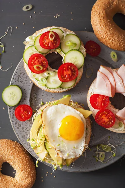 Diverse Broodjes Bagels Avocado Ham Tomaat Zachte Kaas Alfalfa Spruiten — Stockfoto