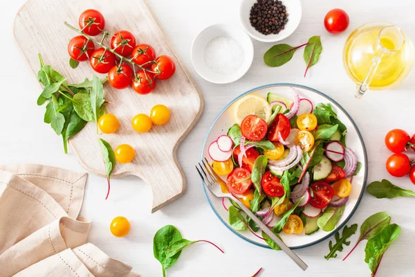 Ensalada Tomate Vegano Colorido Saludable Con Pepino Rábano Cebolla —  Fotos de Stock