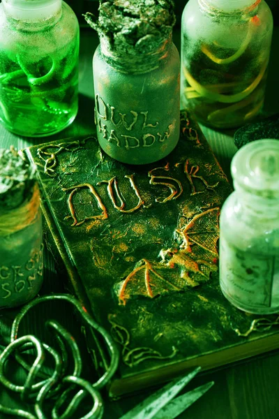 Witch Apothecary Jars Magic Potions Halloween Decoration — Stock Photo, Image