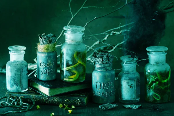 Cadı Eczacı Kavanozları Sihirli Iksirler Cadılar Bayramı Dekorasyonu — Stok fotoğraf