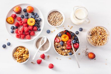 berry meyve somun, kahvaltı için sağlıklı granola vegan süt