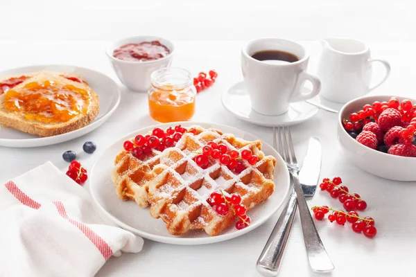 Breakfast Waffle Toast Berry Jam Chocolate Spread Coffee Top View — Stock Photo, Image