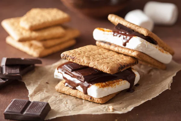 Hausgemachte Marshmallow Mores Mit Schokolade Auf Crackern — Stockfoto