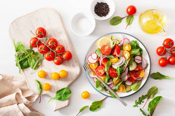 Ensalada Tomate Vegano Colorido Saludable Con Pepino Rábano Cebolla — Foto de Stock