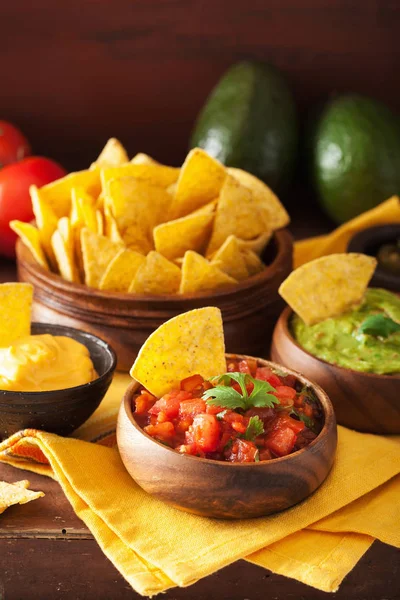 Mexikói Nachos Tortilla Chips Guacamole Salsa Sajt Dip — Stock Fotó