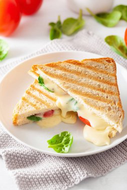 Beyaz arka plan üzerinde ızgara peynir ve domates sandviç