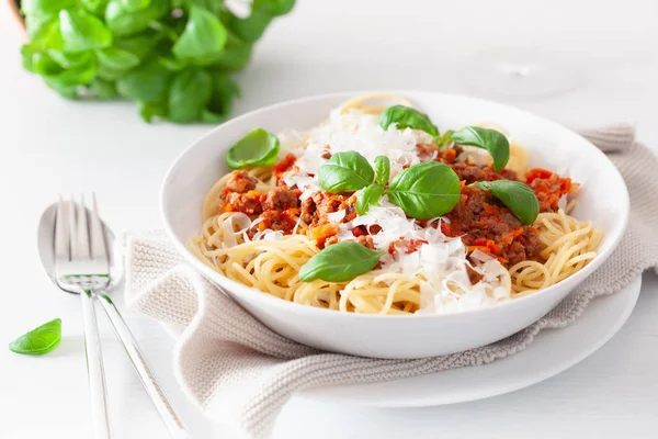 Spaghetti Bolognese Met Basilicum Parmezaanse Kaas Italiaanse Pasta — Stockfoto