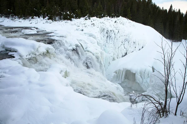 Zmrazené Vodopád Tannforsen Zimě Švédsko — Stock fotografie