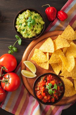 Meksika guacamole ve salsa sos, cips tortilla cips