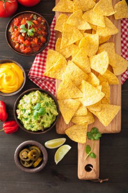 Meksika Nacho tortilla cips Guakamole, salsa ve peynir sos ile