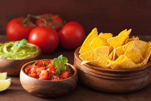 Mexikói Guacamole Salsa Szószt Nachos Tortilla Chips — Stock Fotó