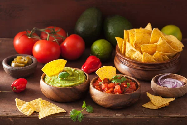 Meksika guacamole ve salsa sos, cips tortilla cips