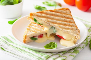 Beyaz arka plan üzerinde ızgara peynir ve domates sandviç